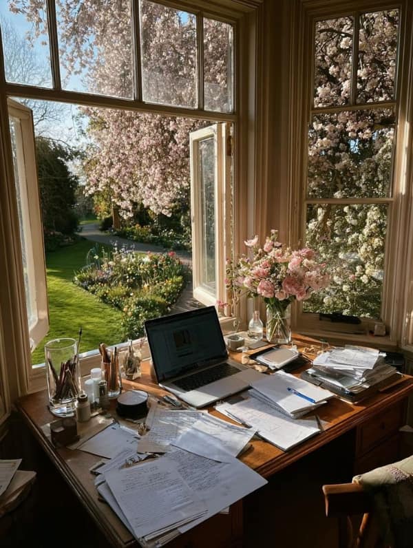 The ultimate "study-core" wholesome image featuring a cluttered wooden desk by a window that looks out onto a stunning backyard of pink flowering trees and lush green grass.