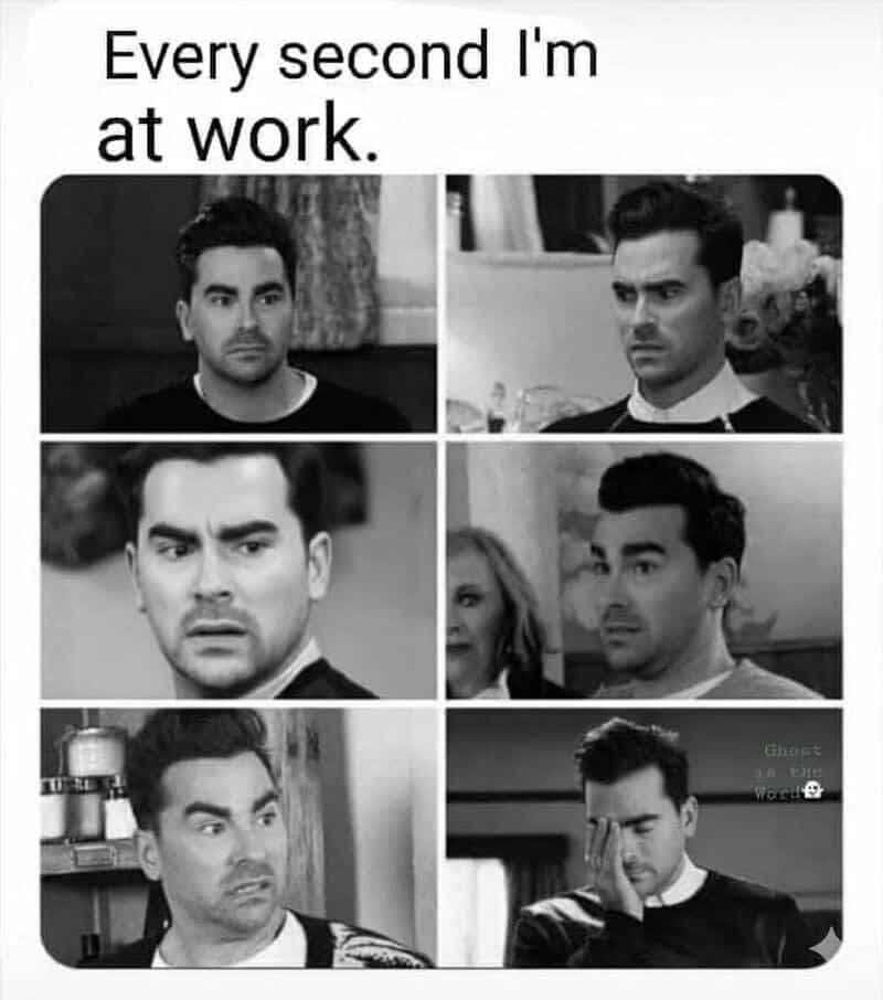 A six-panel grid of David Rose from Schitt’s Creek displaying a range of disgusted, confused, and overwhelmed facial expressions to describe the feeling of "Every second I'm at work."
