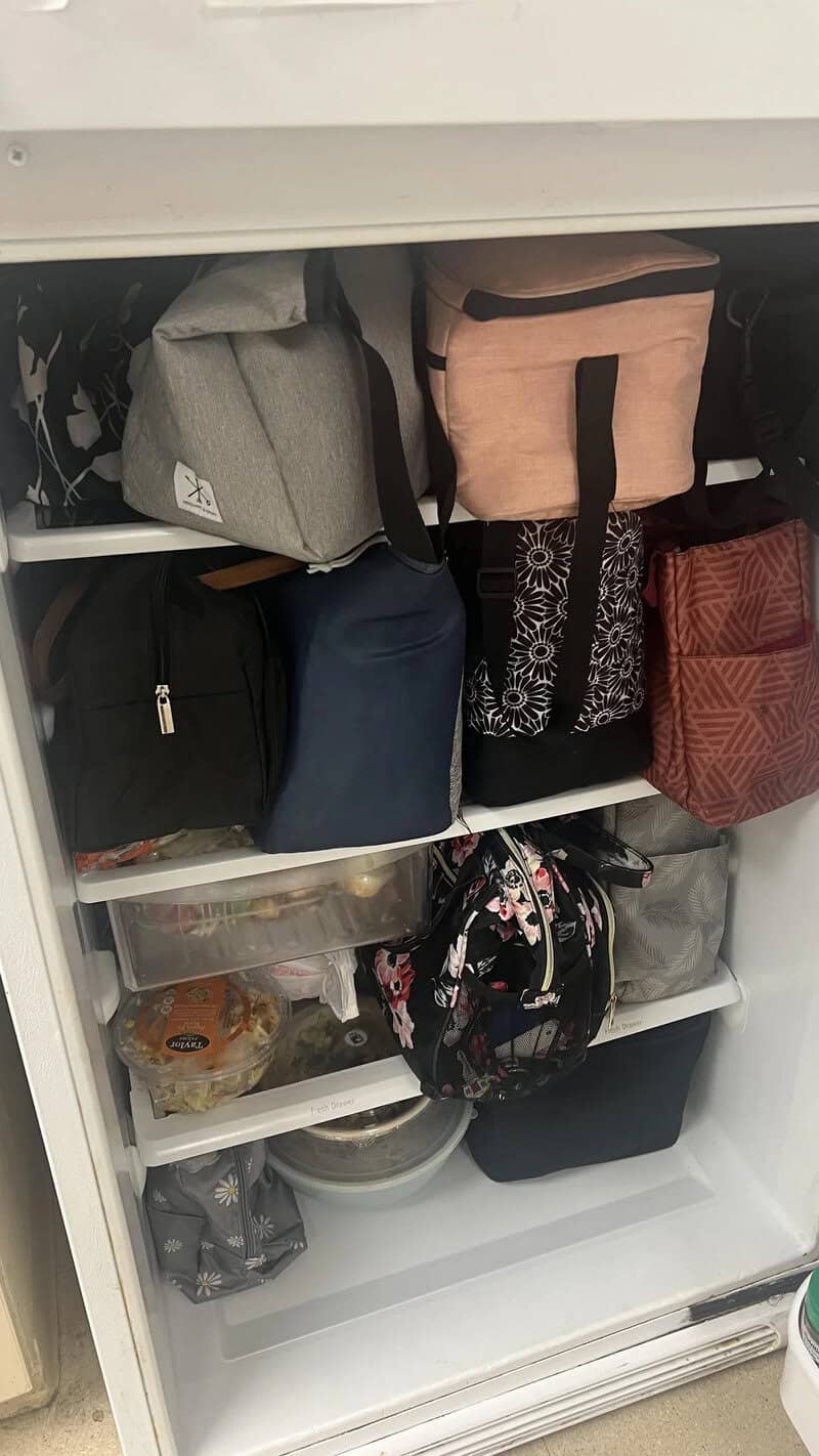 Office fridge completely packed with coworkers lunch bags and tote bags leaving no food space