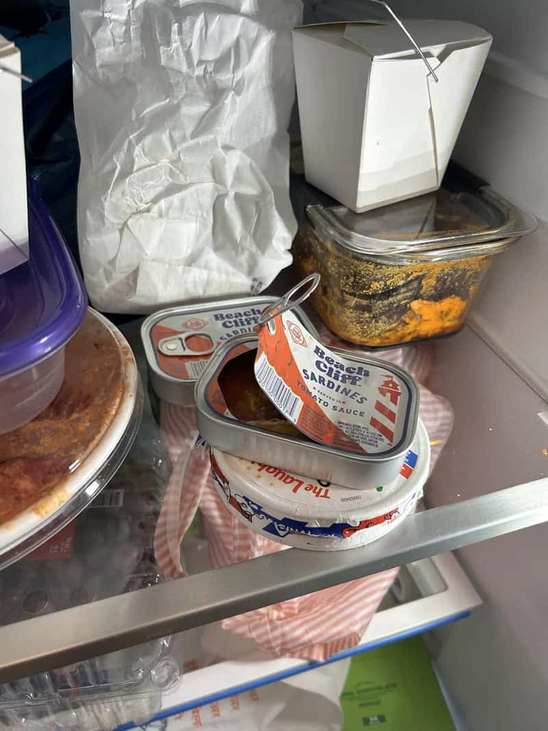 Open sardine cans left beside old takeout containers and moldy food in cluttered office fridge